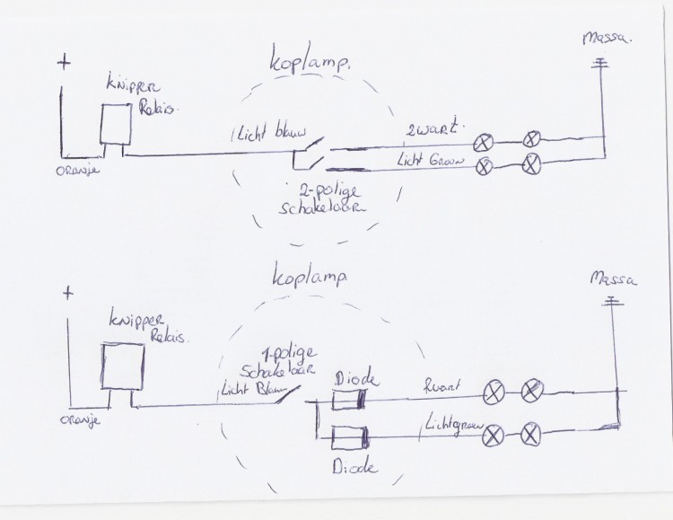hierbij het schema van de aanpassing.LET OP ik heb de knipperlichten door de haast in serie getekend maar moet dus parallel zijn.